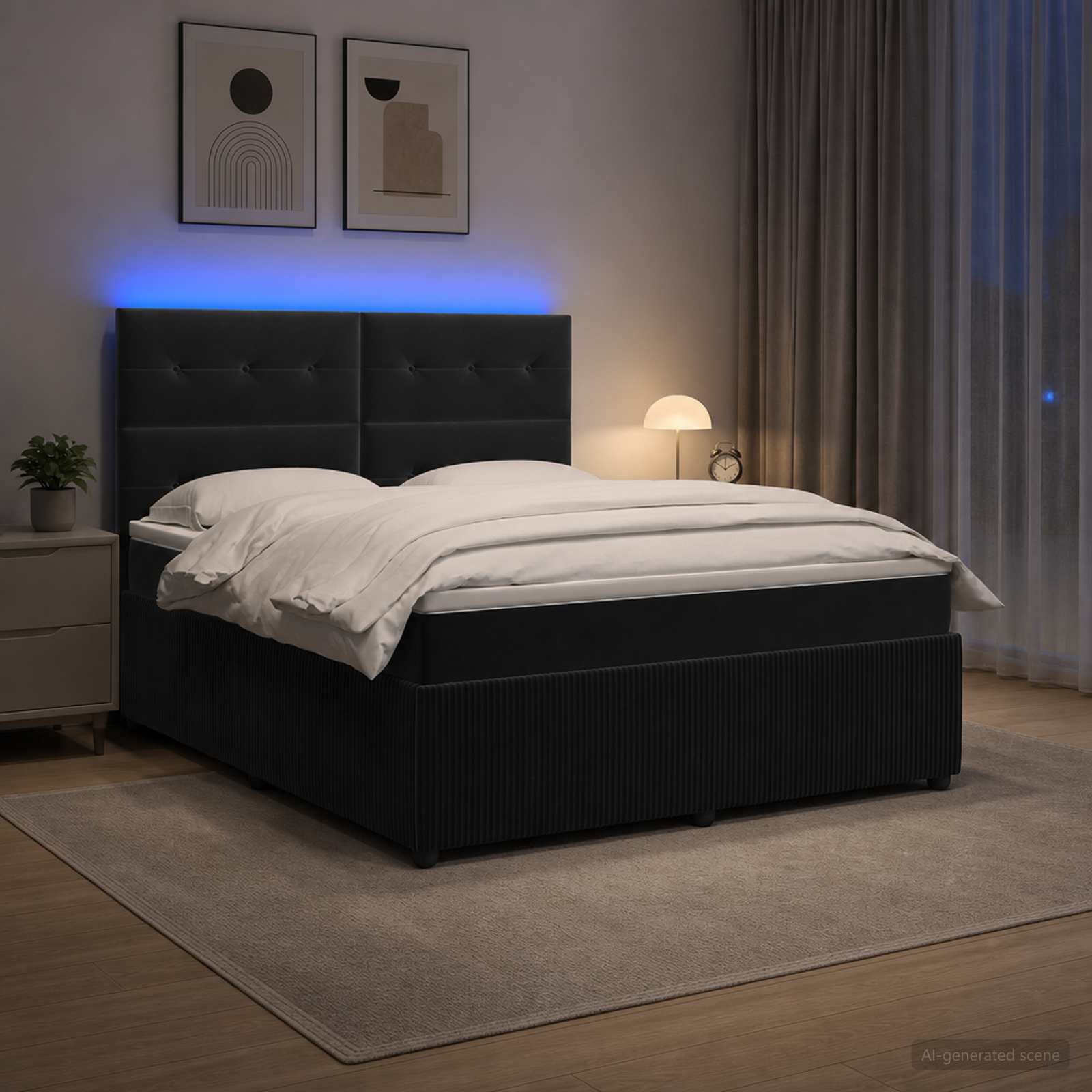 LED Boxspringbett mit Matratze Schwarz 140 x 200 cm Samt