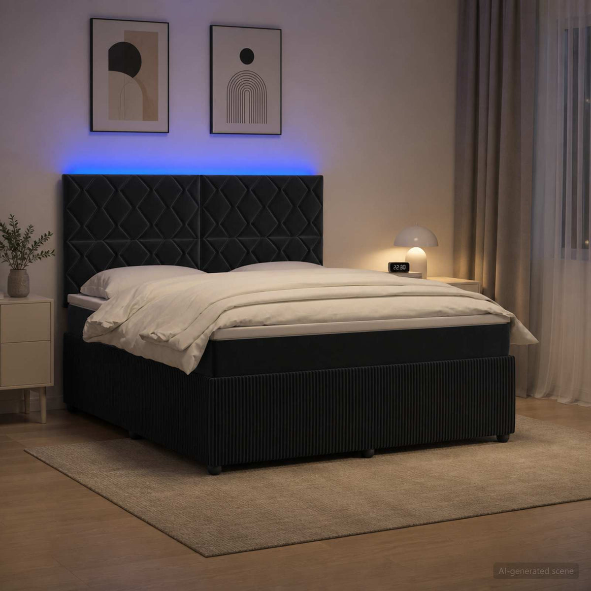 LED Boxspringbett mit Matratze Schwarz 140 x 190 cm Samt
