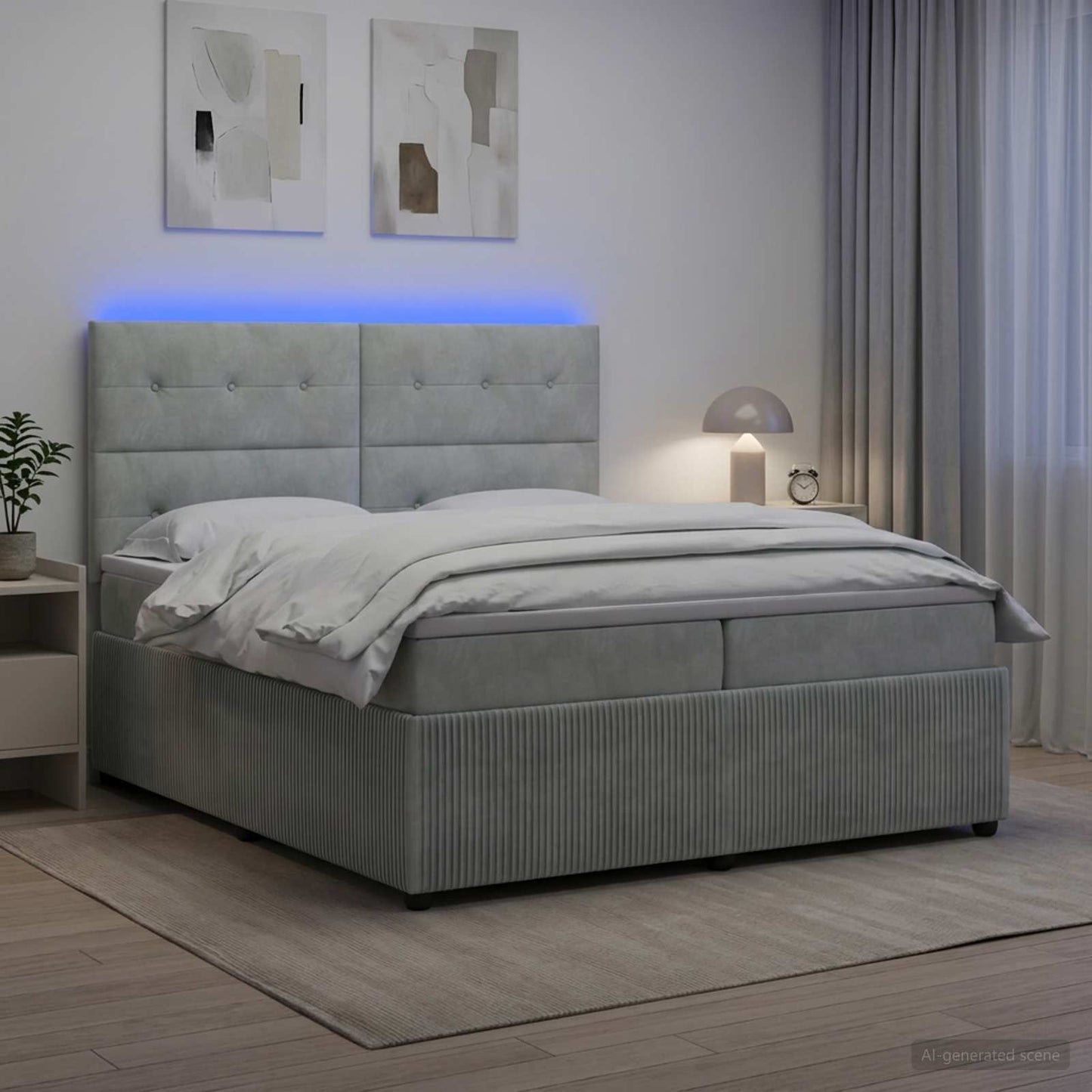 LED Boxspringbett mit Matratze Hellgrau 200 x 200 cm Samt