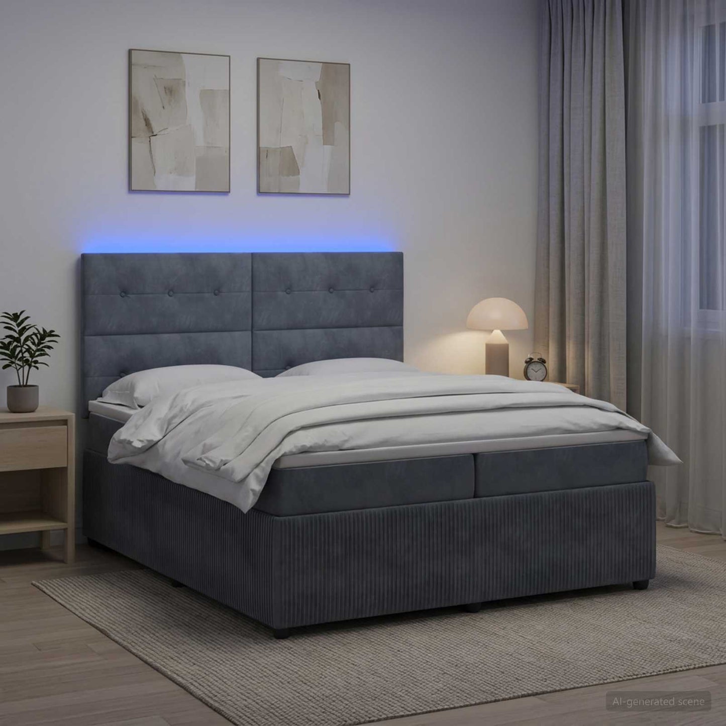 LED Boxspringbett mit Matratze Dunkelgrau 200 x 200 cm Samt