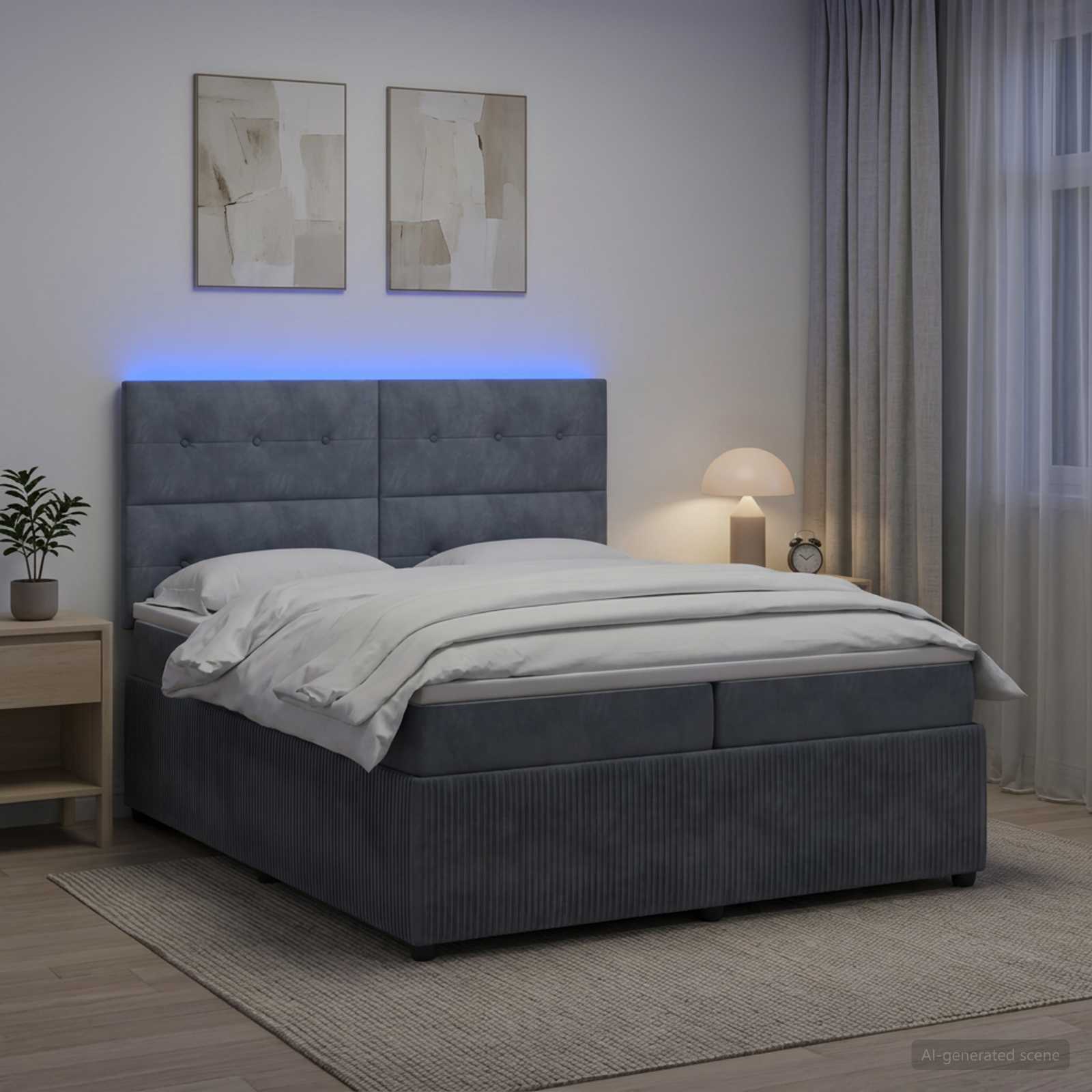 LED Boxspringbett mit Matratze Dunkelgrau 200 x 200 cm Samt