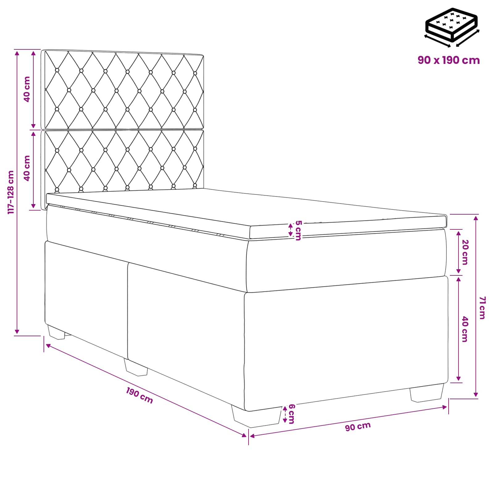 LED Boxspringbett mit Matratze Dunkelgrau 90 x 190 cm Samt