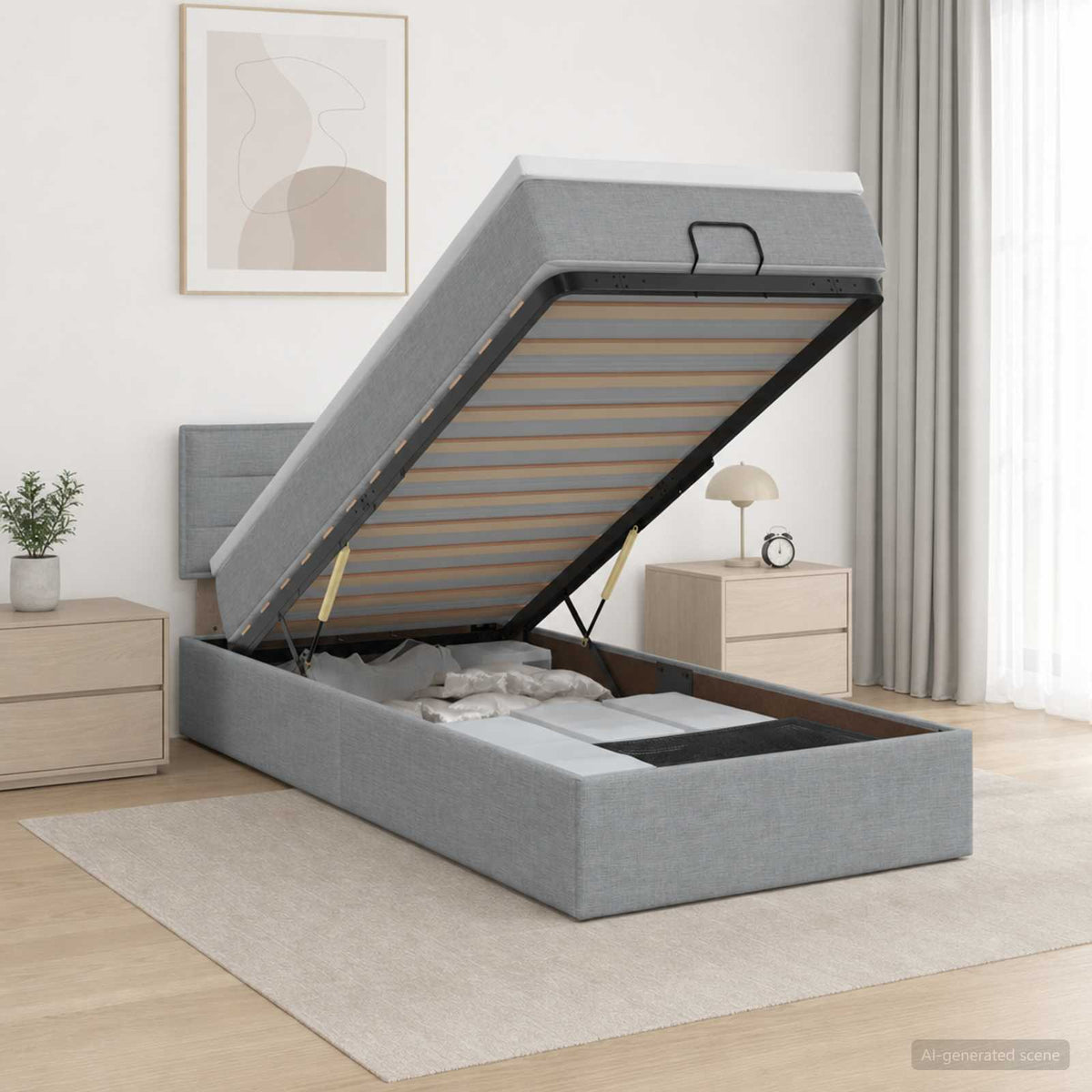 Ottoman-Bett mit Matratze und LED Hellgrau 100 x 200 cm Stoff