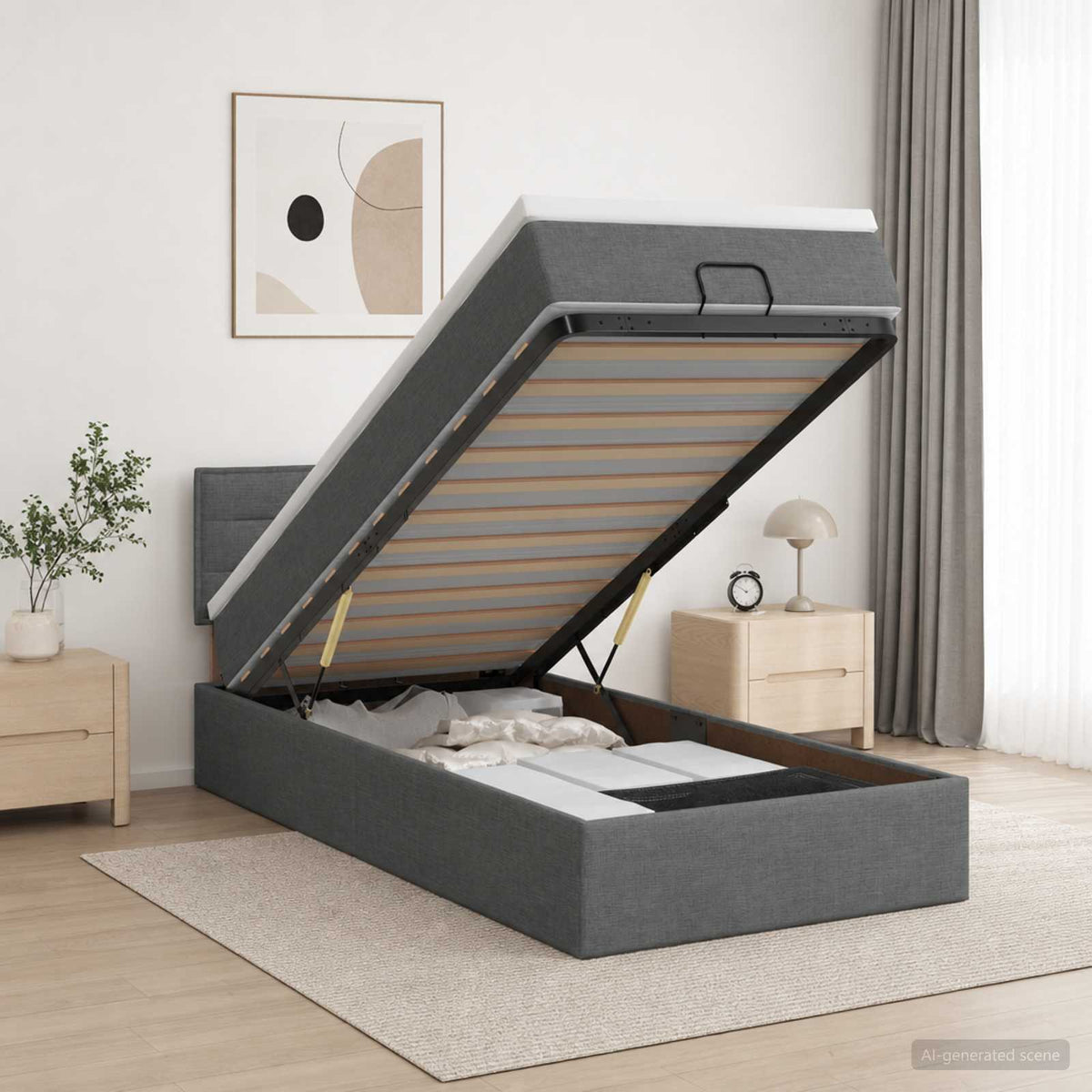 Ottoman-Bett mit Matratze und LED Dunkelgrau 100 x 200 cm Stoff