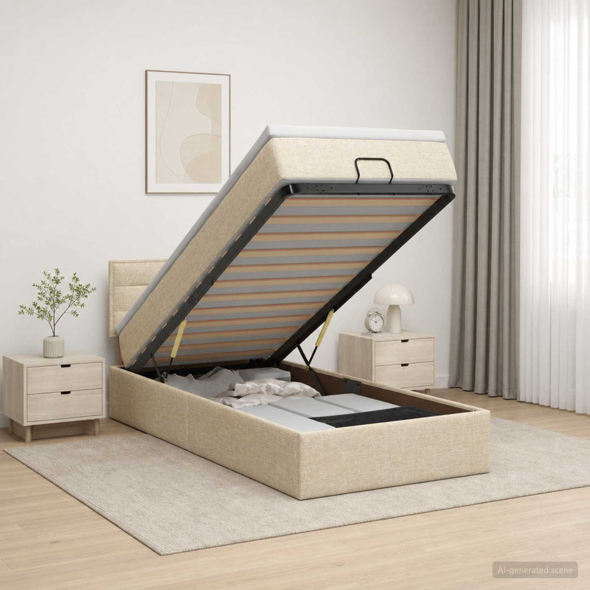 Ottoman Bett mit Matratze mit Kopfteil Creme 90 x 200 cm Stoff