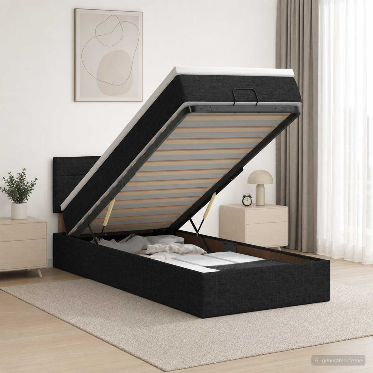 Ottoman-Bett mit Matratze und LED Schwarz 90 x 190 cm Stoff
