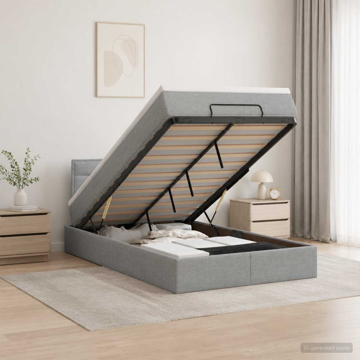 Ottoman Bett mit Matratze Hellgrau 120 x 200 cm Stoff