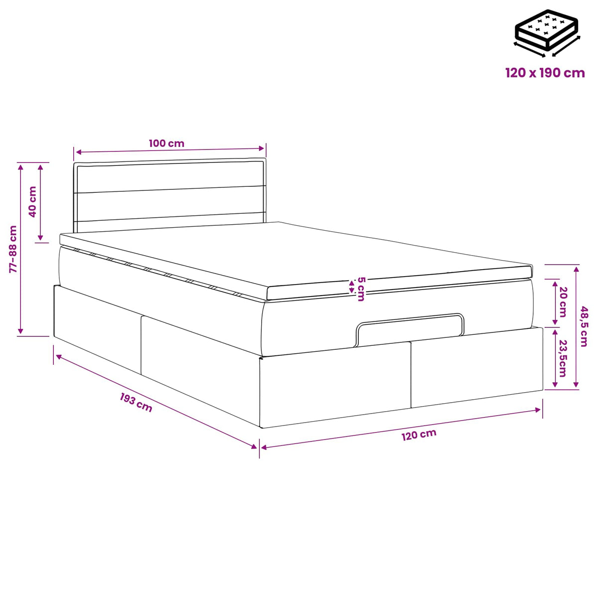 Ottoman Bett mit Matratze Schwarz 120 x 190 cm Stoff