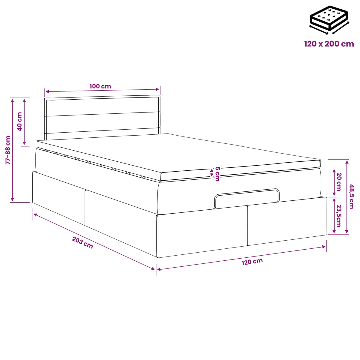 Ottoman Bett mit Matratze Hellgrau 120 x 200 cm Stoff
