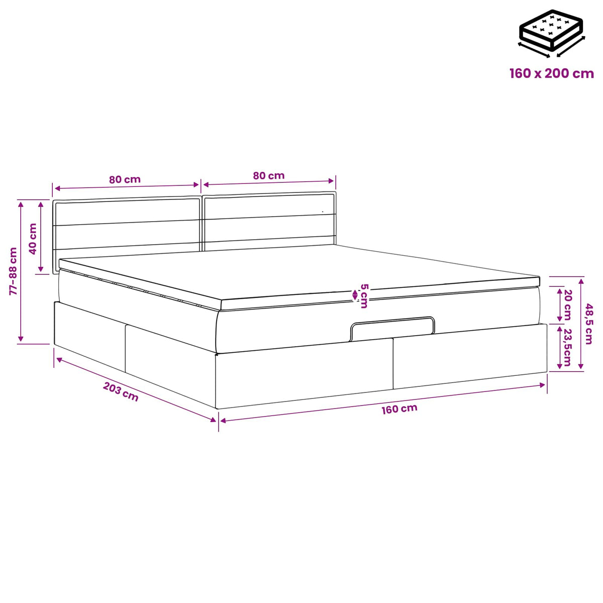 Ottoman Bett mit Matratze Schwarz 160 x 200 cm Stoff