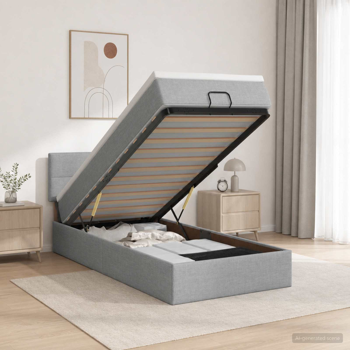 Ottoman Bett mit Matratze Hellgrau 90 x 190 cm Stoff