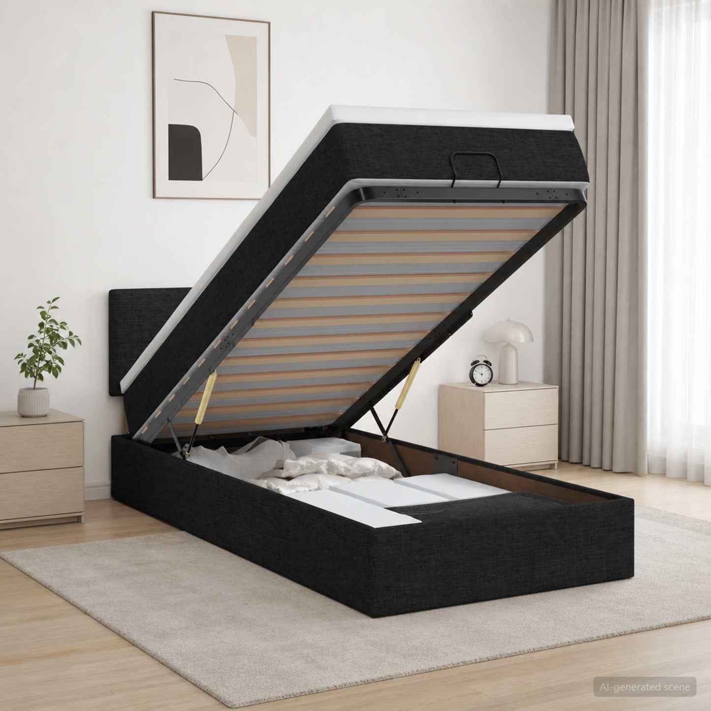 Ottoman-Bett mit Matratze und LED Schwarz 90 x 200 cm Stoff