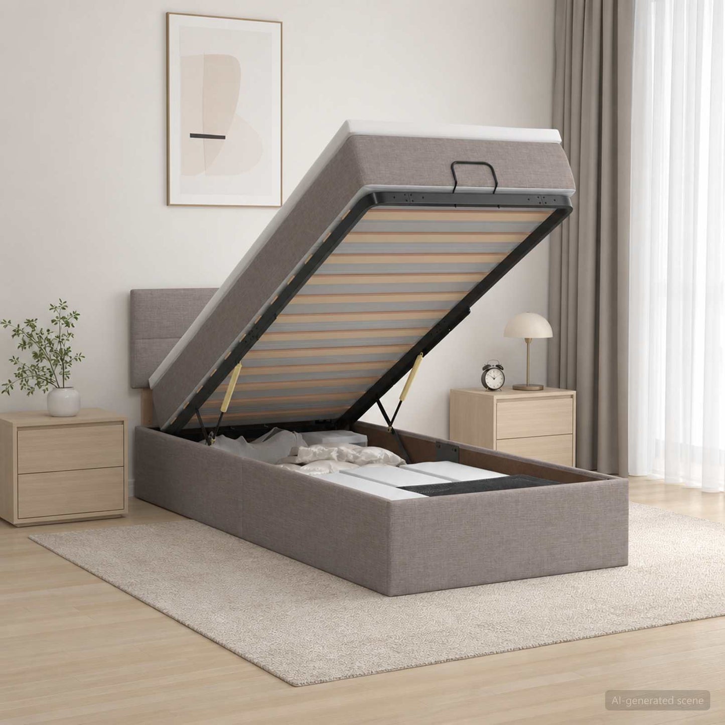 Ottoman Bett mit Matratze mit Kopfteil Taupe 90 x 200 cm Stoff