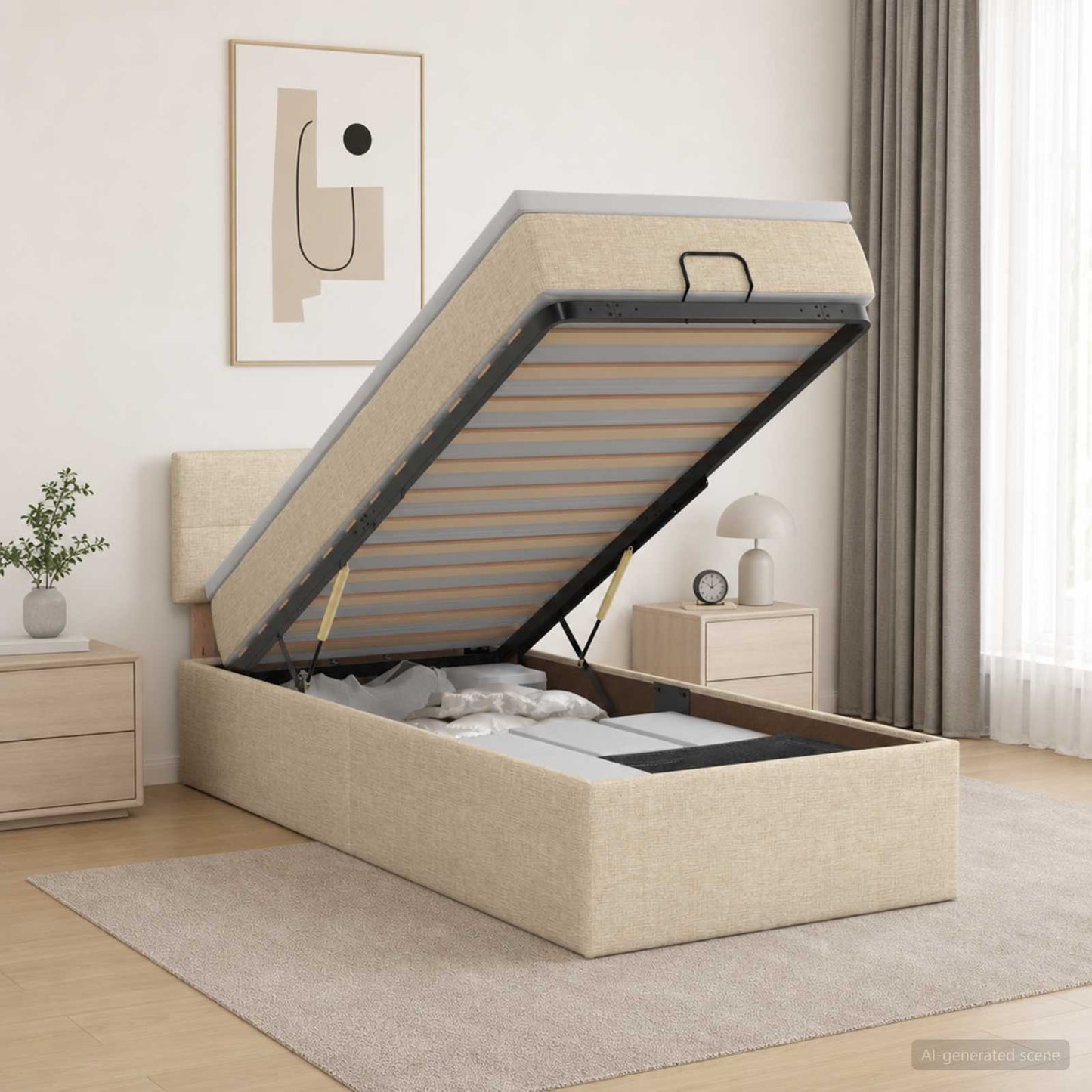 Ottoman-Bett mit Matratze und LED Creme 90 x 200 cm Stoff