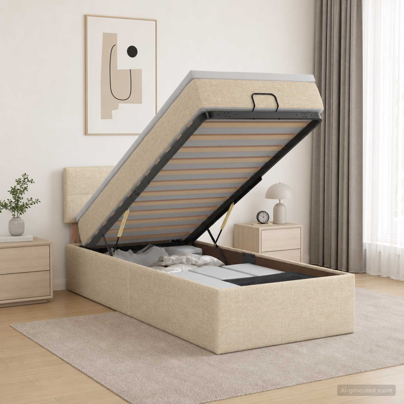 Ottoman Bett mit Matratze mit Kopfteil Creme 90 x 200 cm Stoff