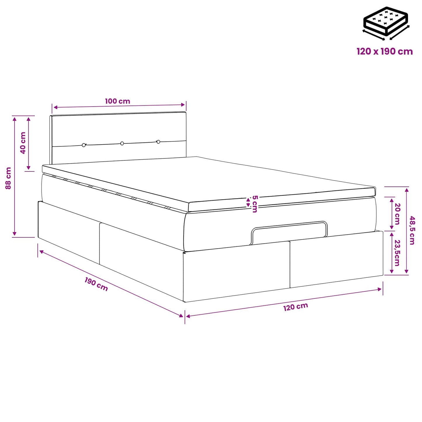Ottoman Bett mit Matratze Schwarz 120 x 190 cm Stoff