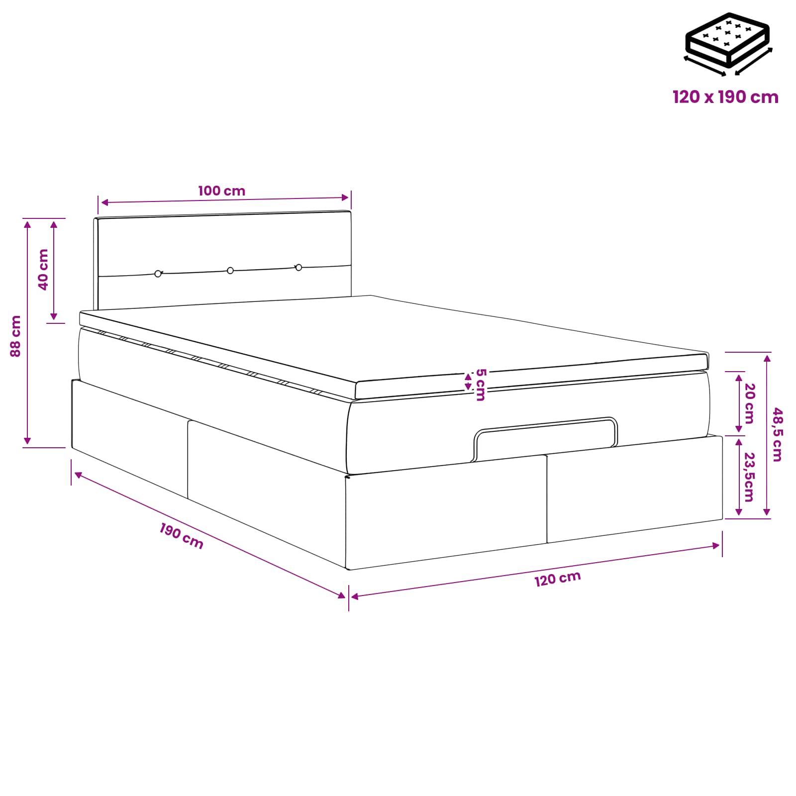 Ottoman Bett mit Matratze Schwarz 120 x 190 cm Stoff