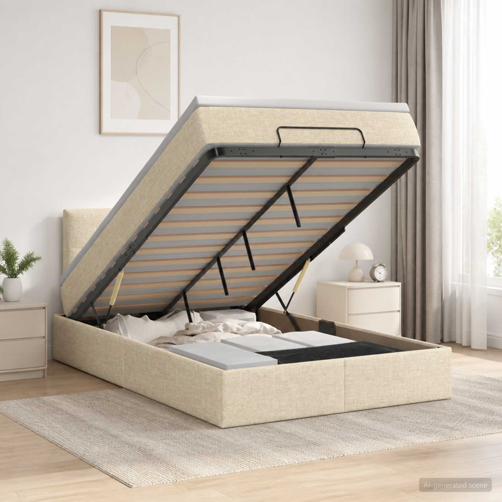 Ottoman Bett mit Matratze mit Kopfteil Creme 120 x 200 cm Stoff