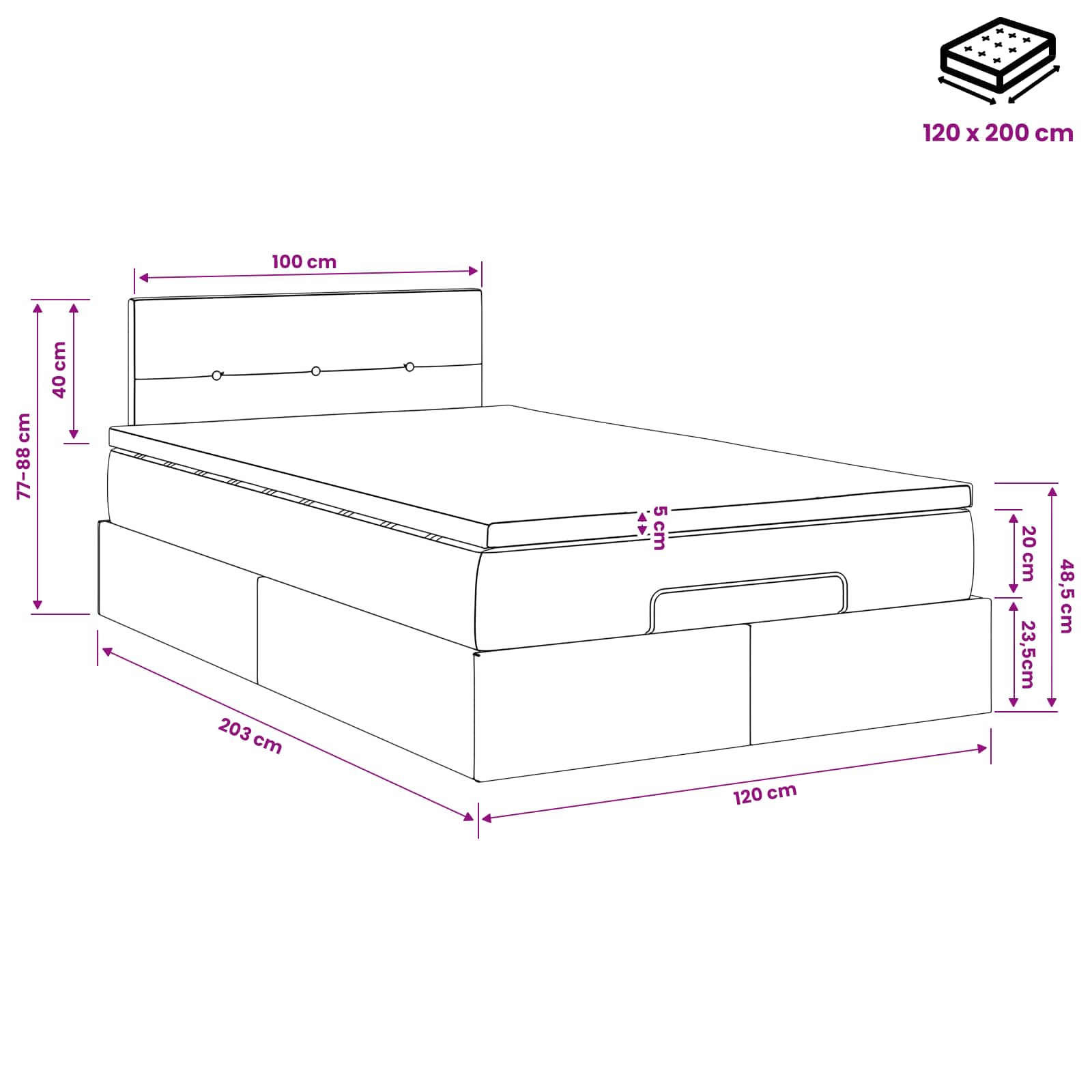 Ottoman Bett mit Matratze Dunkelgrau 120 x 200 cm Stoff