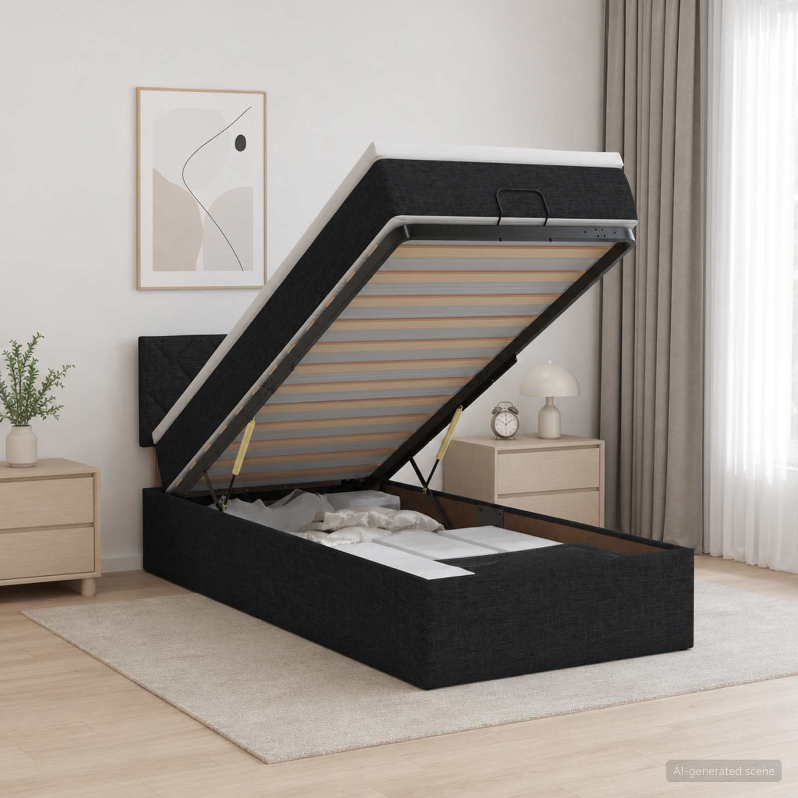 Ottoman Bett mit Matratze Schwarz 90 x 190 cm Stoff