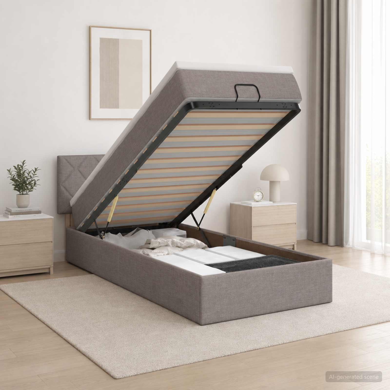 Ottoman Bett mit Matratze mit Kopfteil Taupe 90 x 190 cm Stoff