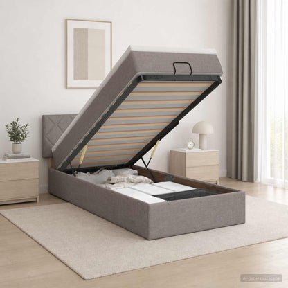 Ottoman Bett mit Matratze mit Kopfteil Taupe 90 x 190 cm Stoff