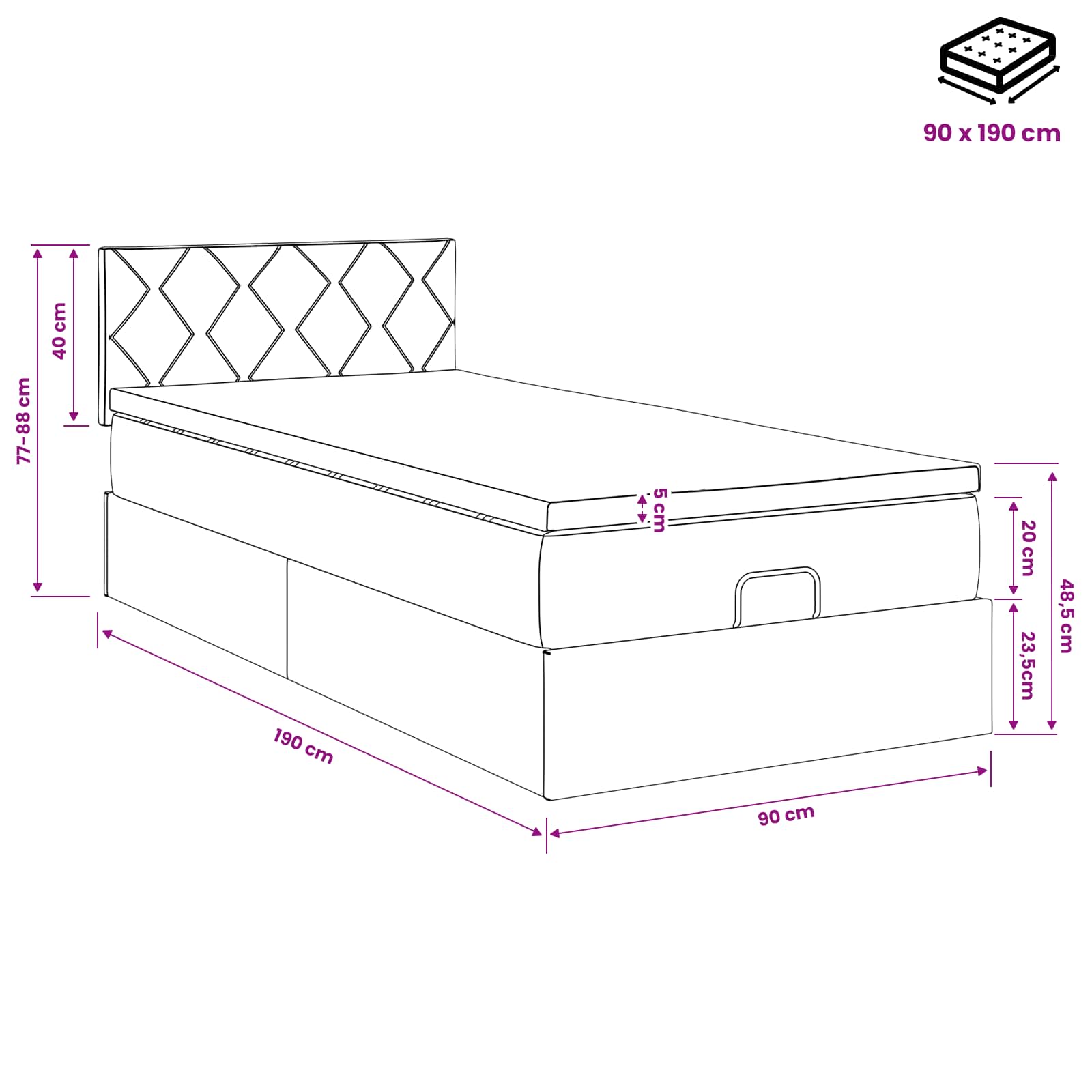 Ottoman Bett mit Matratze Schwarz 90 x 190 cm Stoff