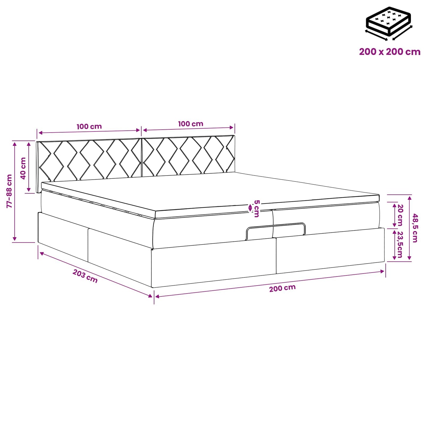 Ottoman Bett mit Matratze Dunkelgrau 200 x 200 cm Stoff