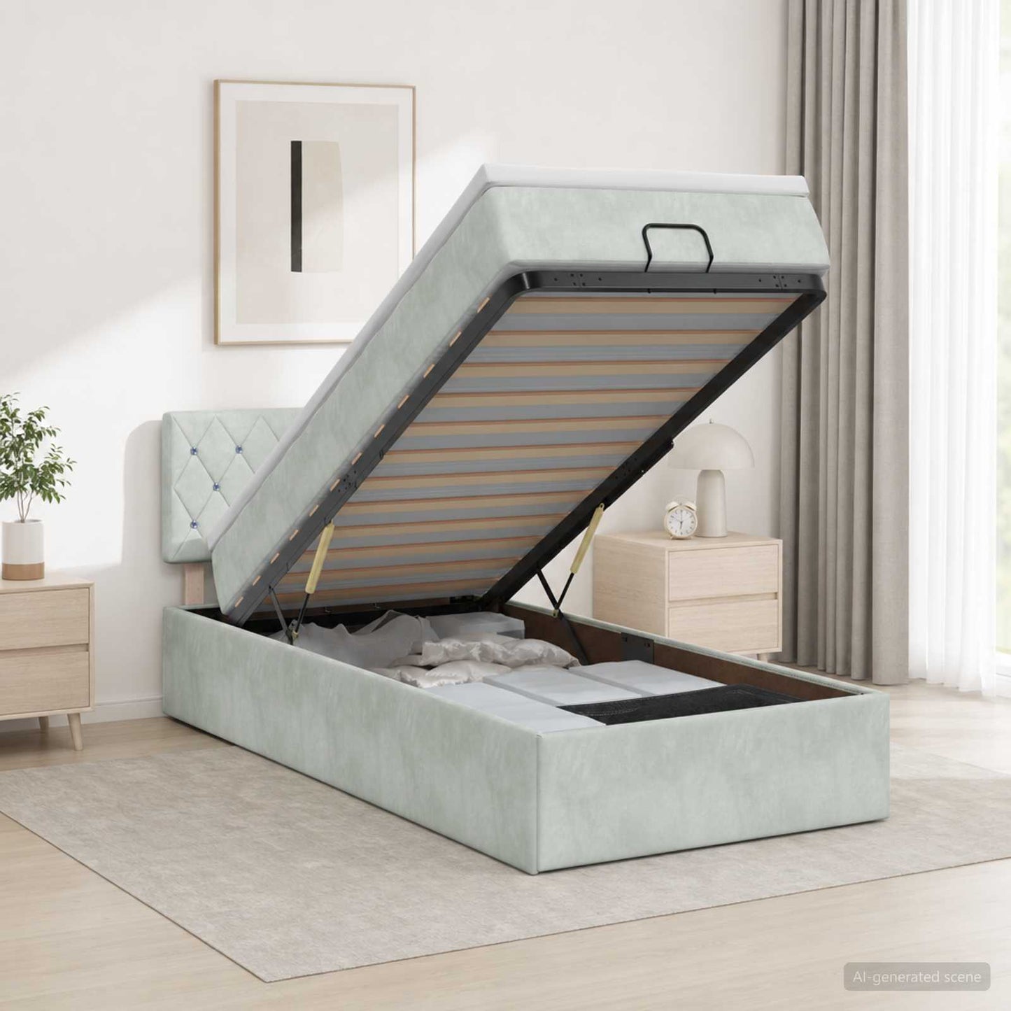 Ottoman Bett mit Matratze Hellgrau 90 x 190 cm Samt