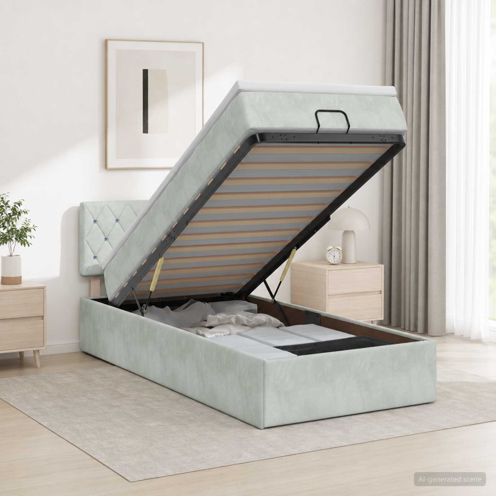 Ottoman-Bett mit Matratze und LED Hellgrau 90 x 190 cm Samt