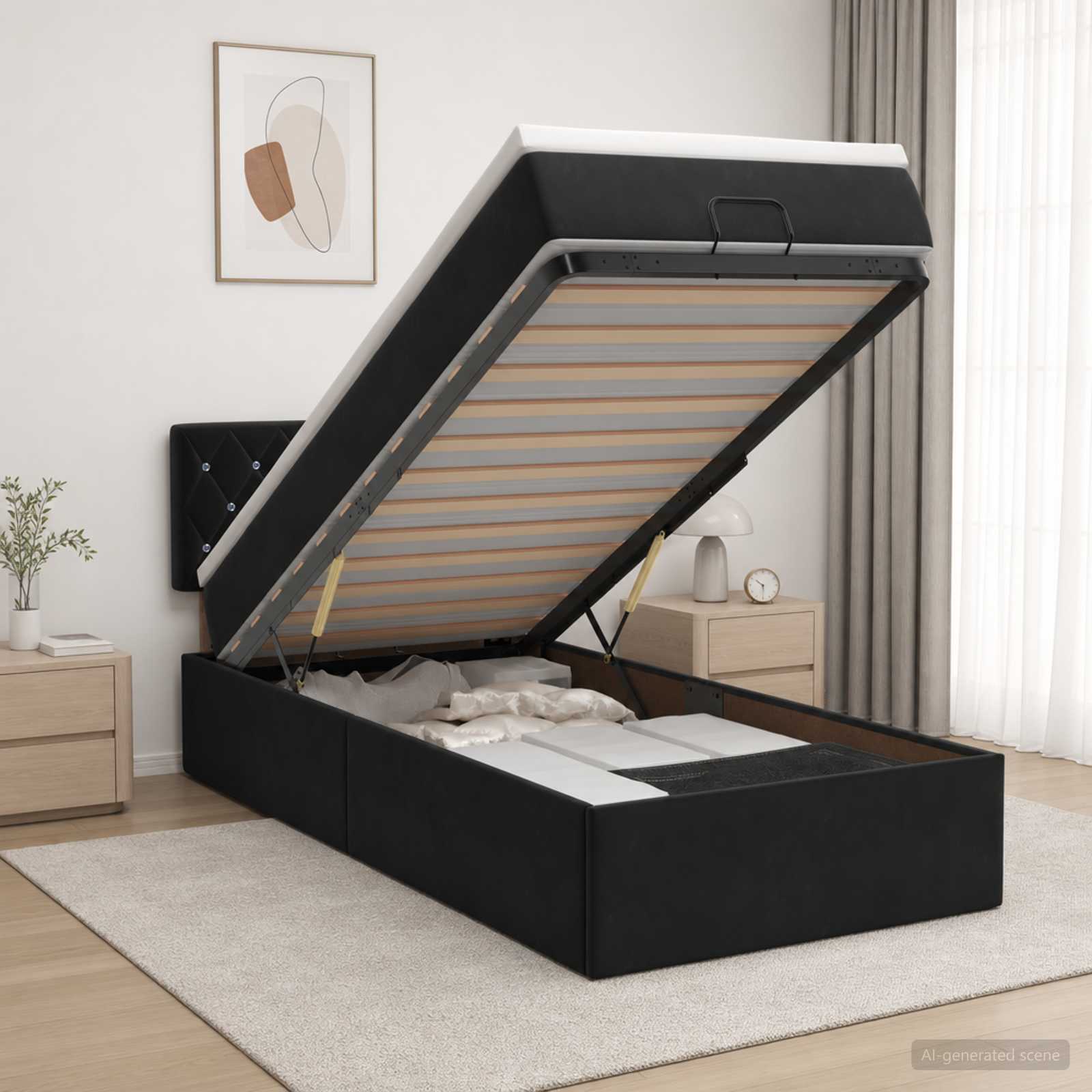Ottoman Bett mit Matratze mit Kopfteil Schwarz 90 x 190 cm Samt