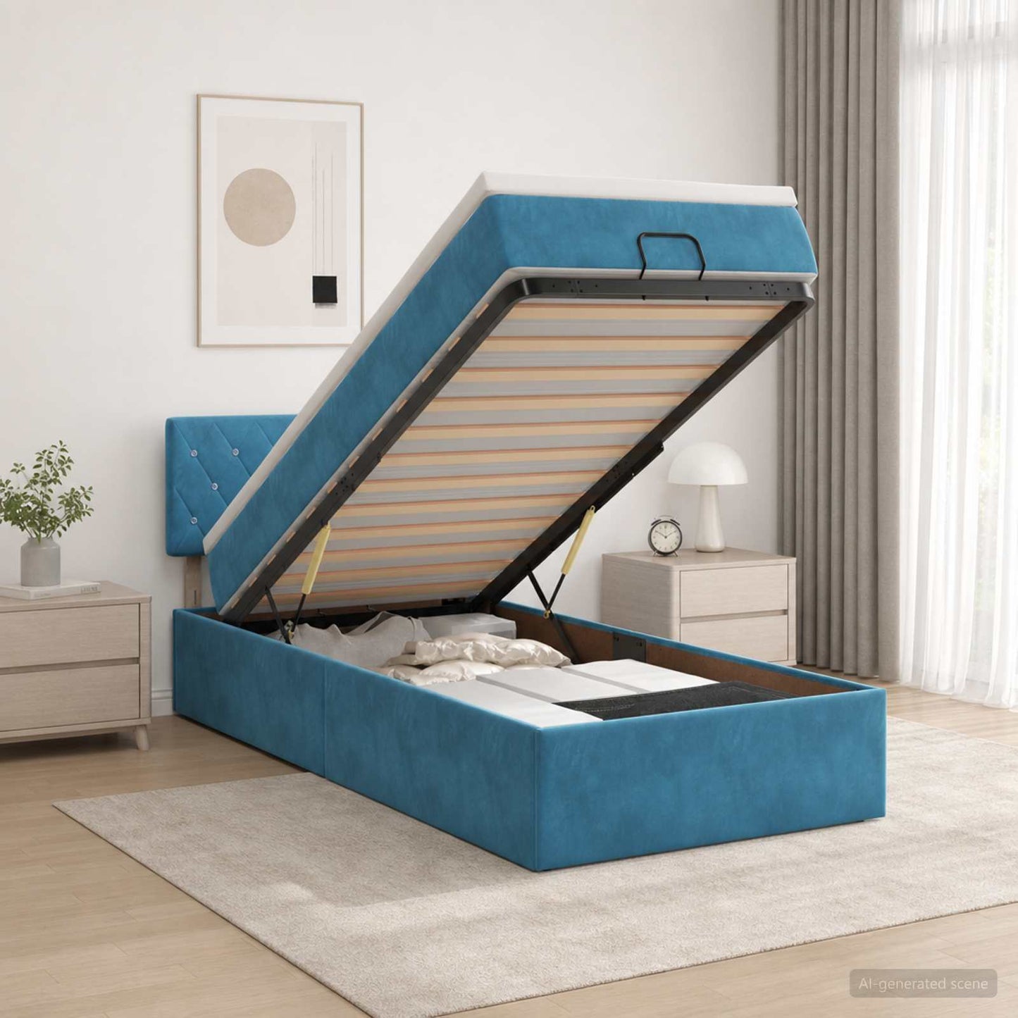 Ottoman Bett mit Matratze Dunkelblau 90 x 200 cm Samt