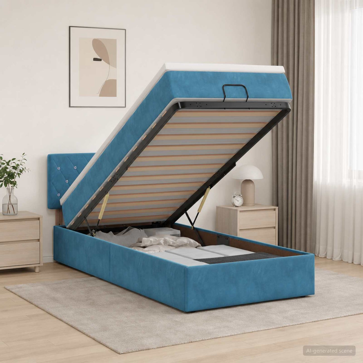 Ottoman Bett mit Matratze Dunkelblau 90 x 200 cm Samt