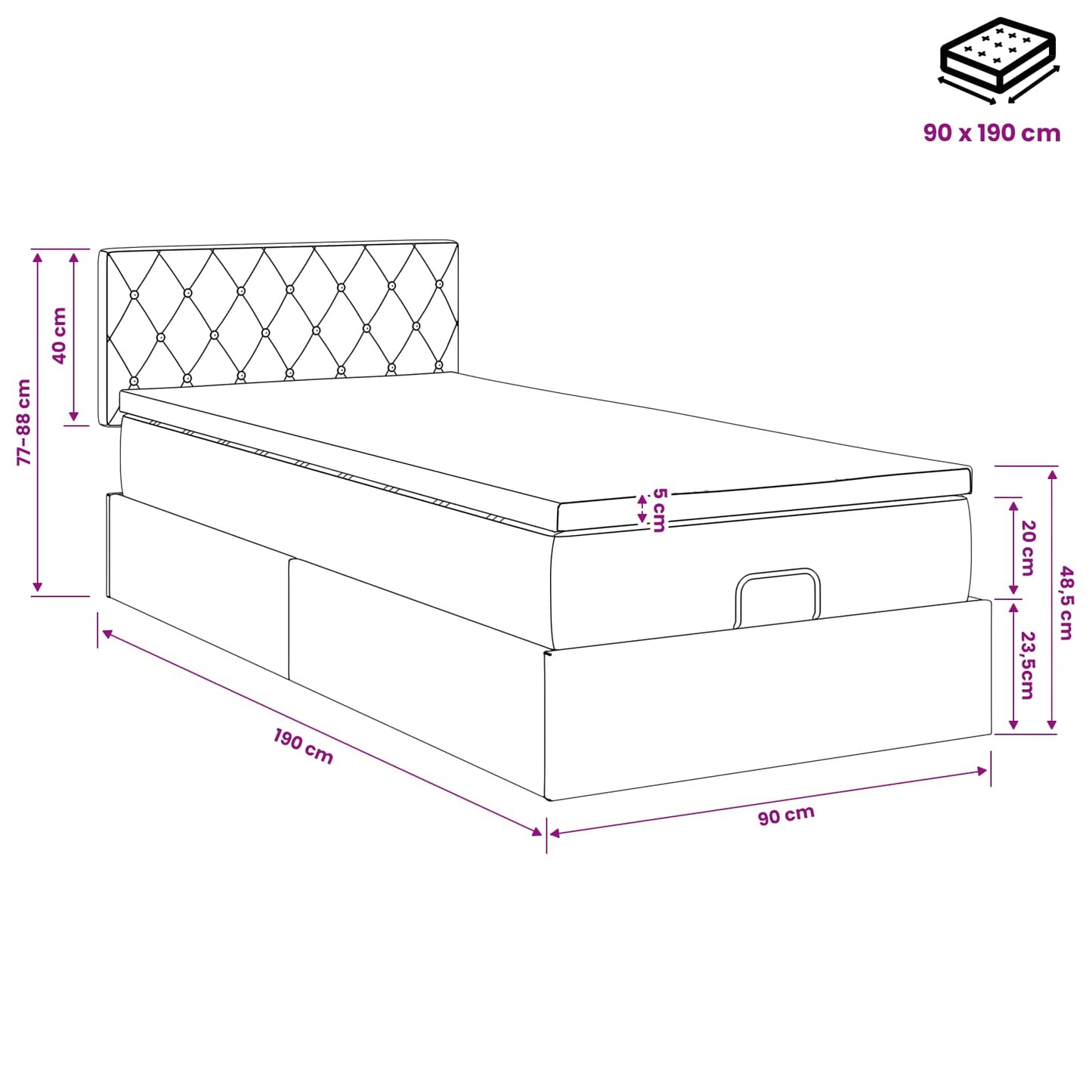 Ottoman Bett mit Matratze Hellgrau 90 x 190 cm Samt