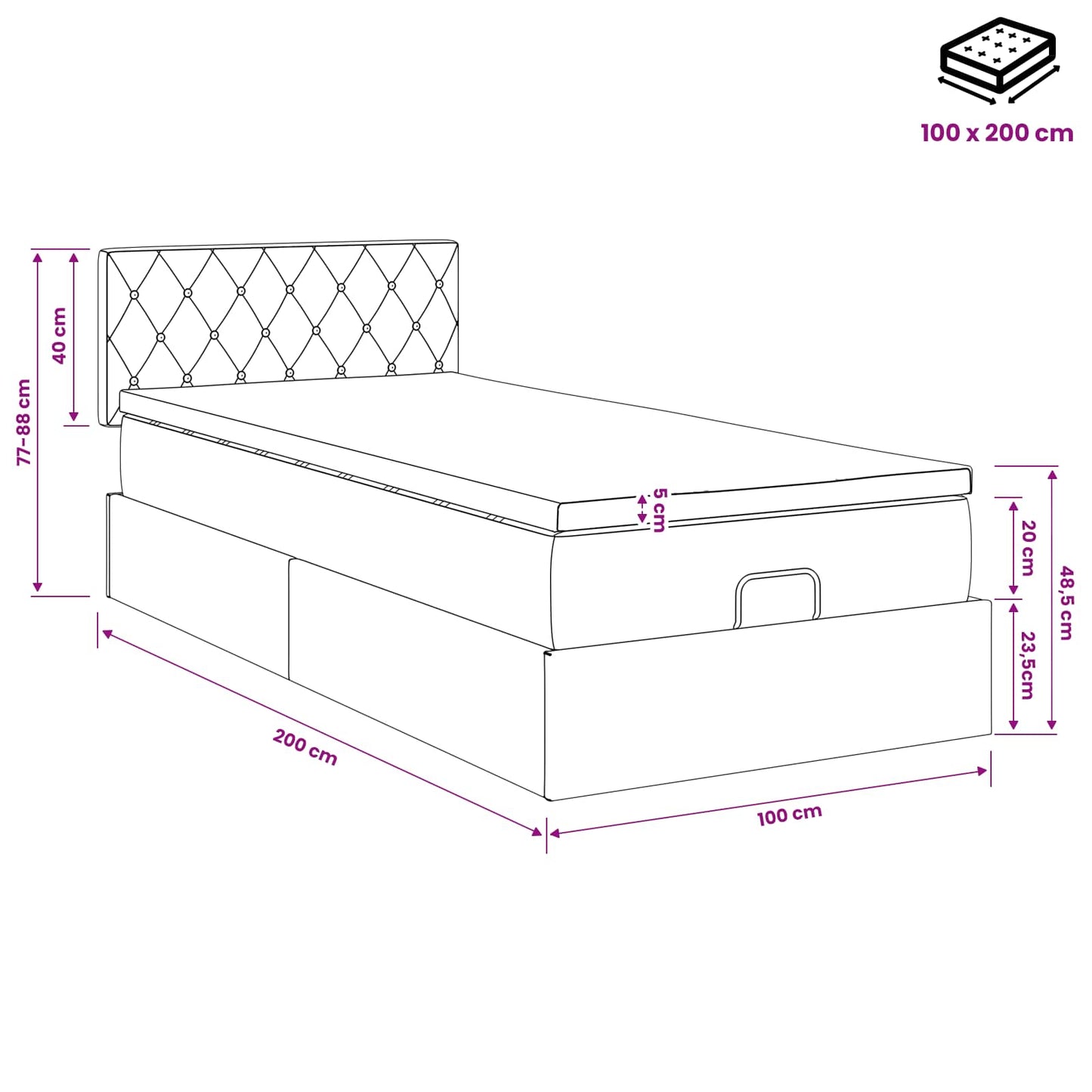 Ottoman Bett mit Matratze Dunkelgrau 100 x 200 cm Samt