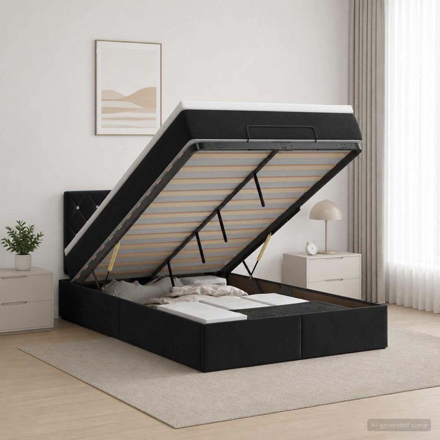 Ottoman-Bett mit Matratze und LED Schwarz 120 x 190 cm Samt