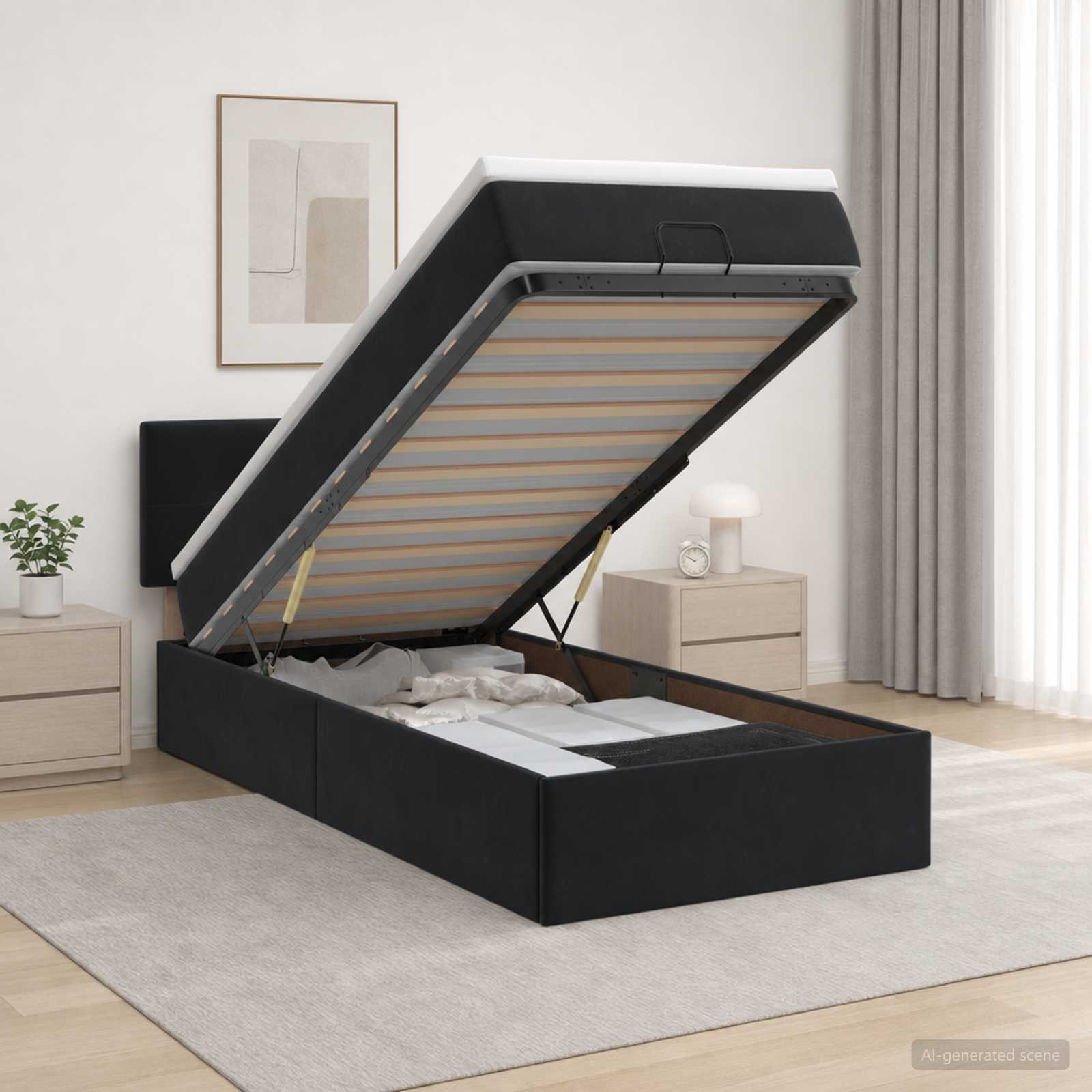 Ottoman-Bett mit Matratze und LED Schwarz 100 x 200 cm Samt