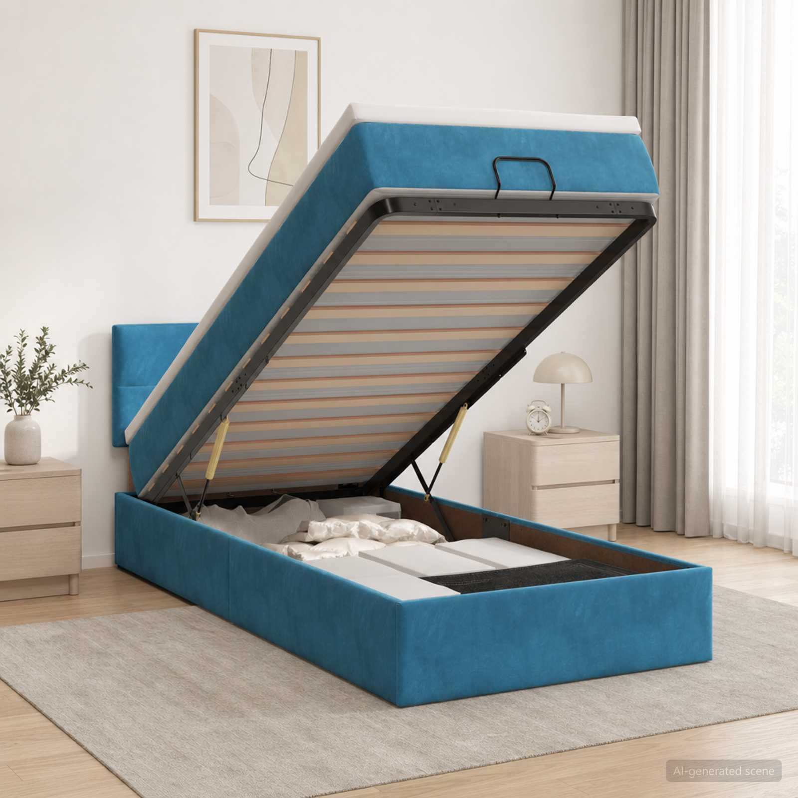 Ottoman Bett mit Matratze Dunkelblau 90 x 200 cm Samt