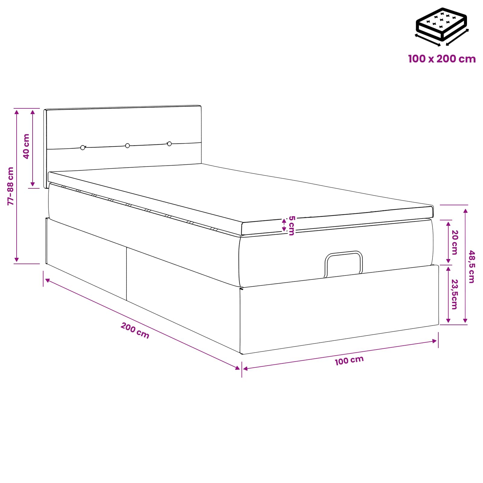 Ottoman Bett mit Matratze Hellgrau 100 x 200 cm Samt