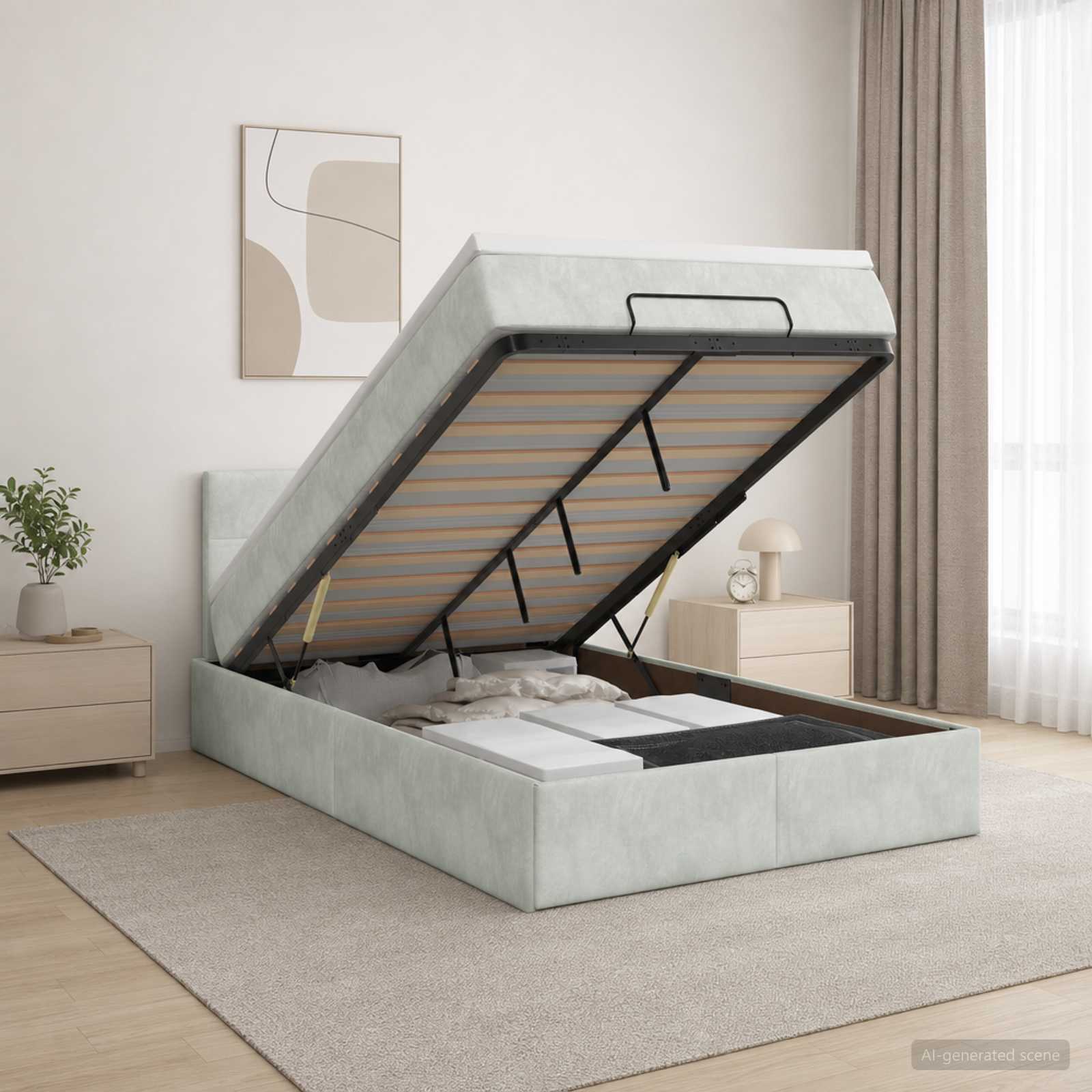 Ottoman-Bett mit Matratze und LED Hellgrau 120 x 200 cm Samt