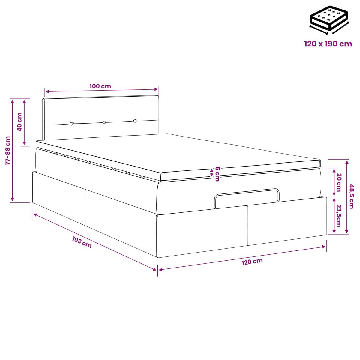 Ottoman Bett mit Matratze Hellgrau 120 x 190 cm Samt