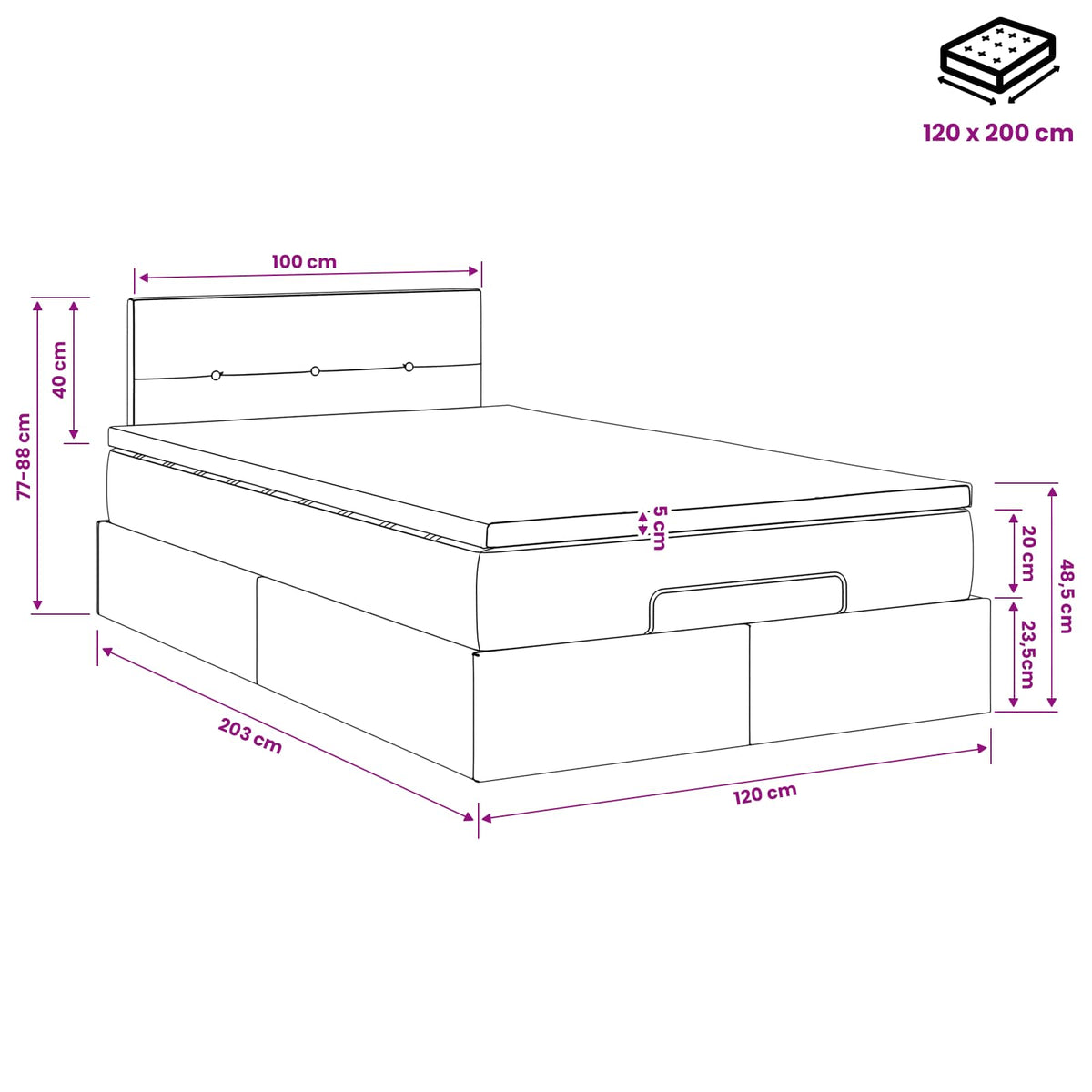 Ottoman Bett mit Matratze Schwarz 120 x 200 cm Samt