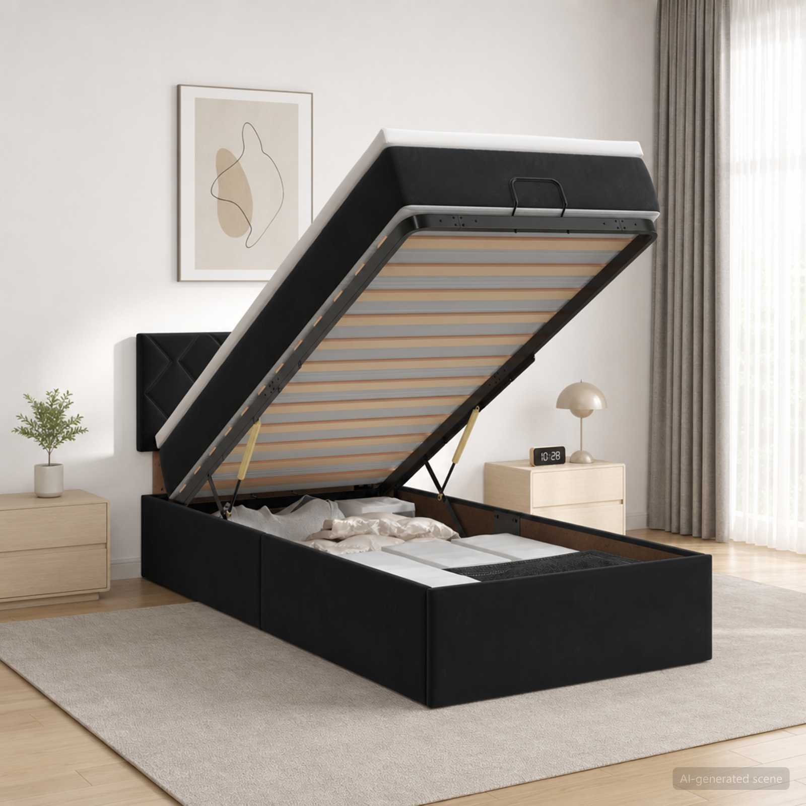Ottoman Bett mit Matratze mit Kopfteil Schwarz 90 x 190 cm Samt