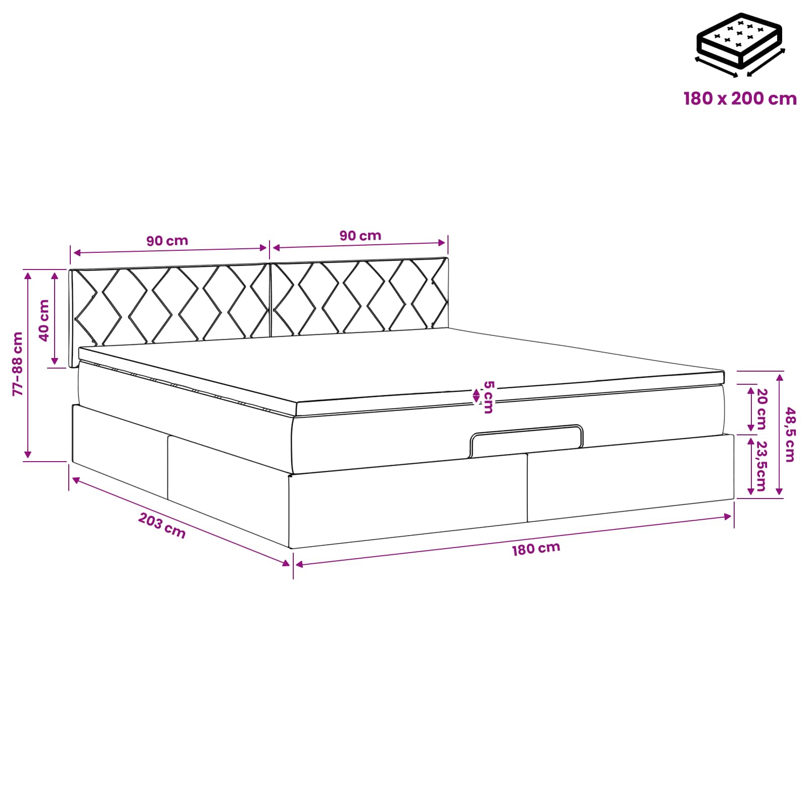 Ottoman Bett mit Matratze Hellgrau 180 x 200 cm Samt