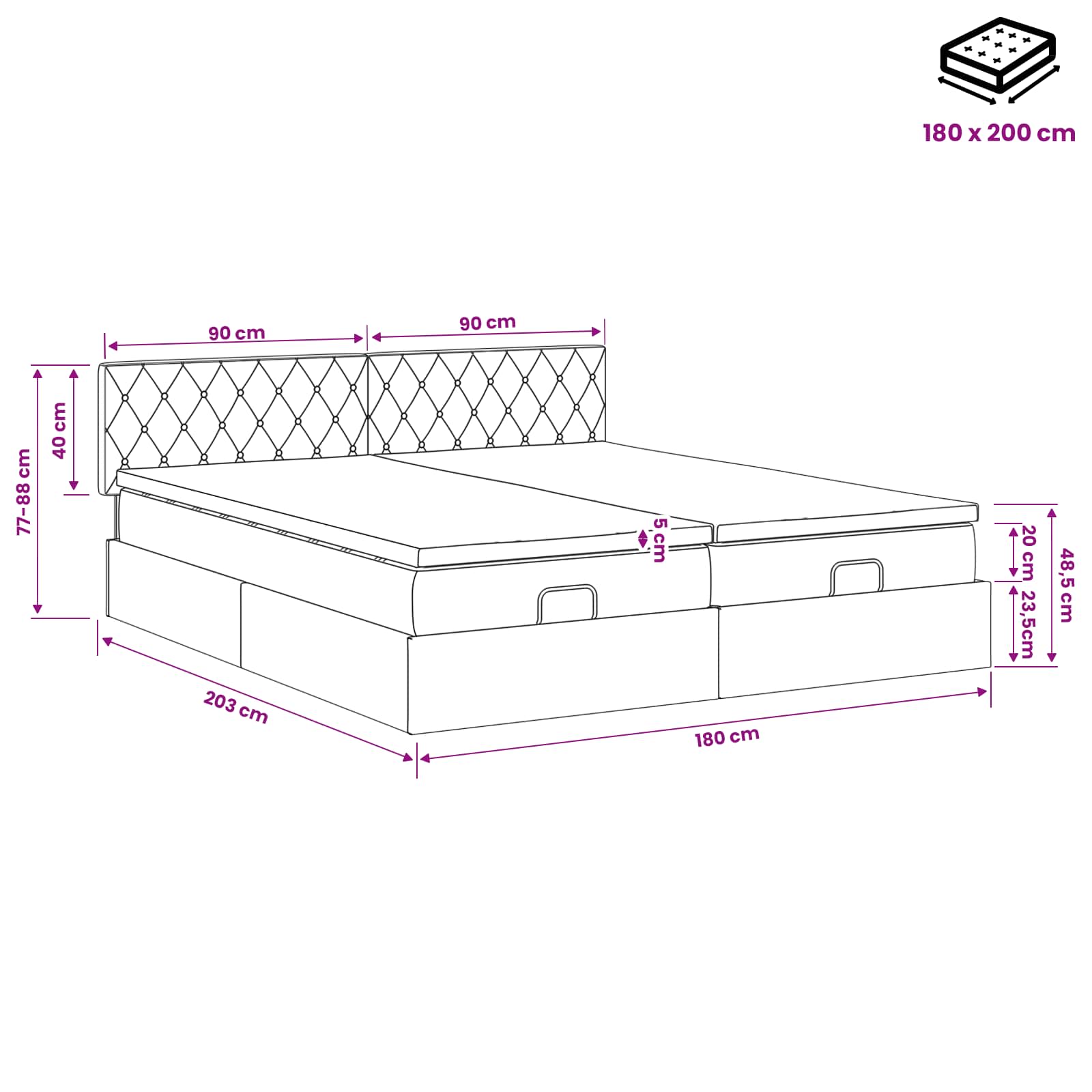 Ottoman Bett mit Matratze mit Kopfteil 2 pcs Hellgrau Samt
