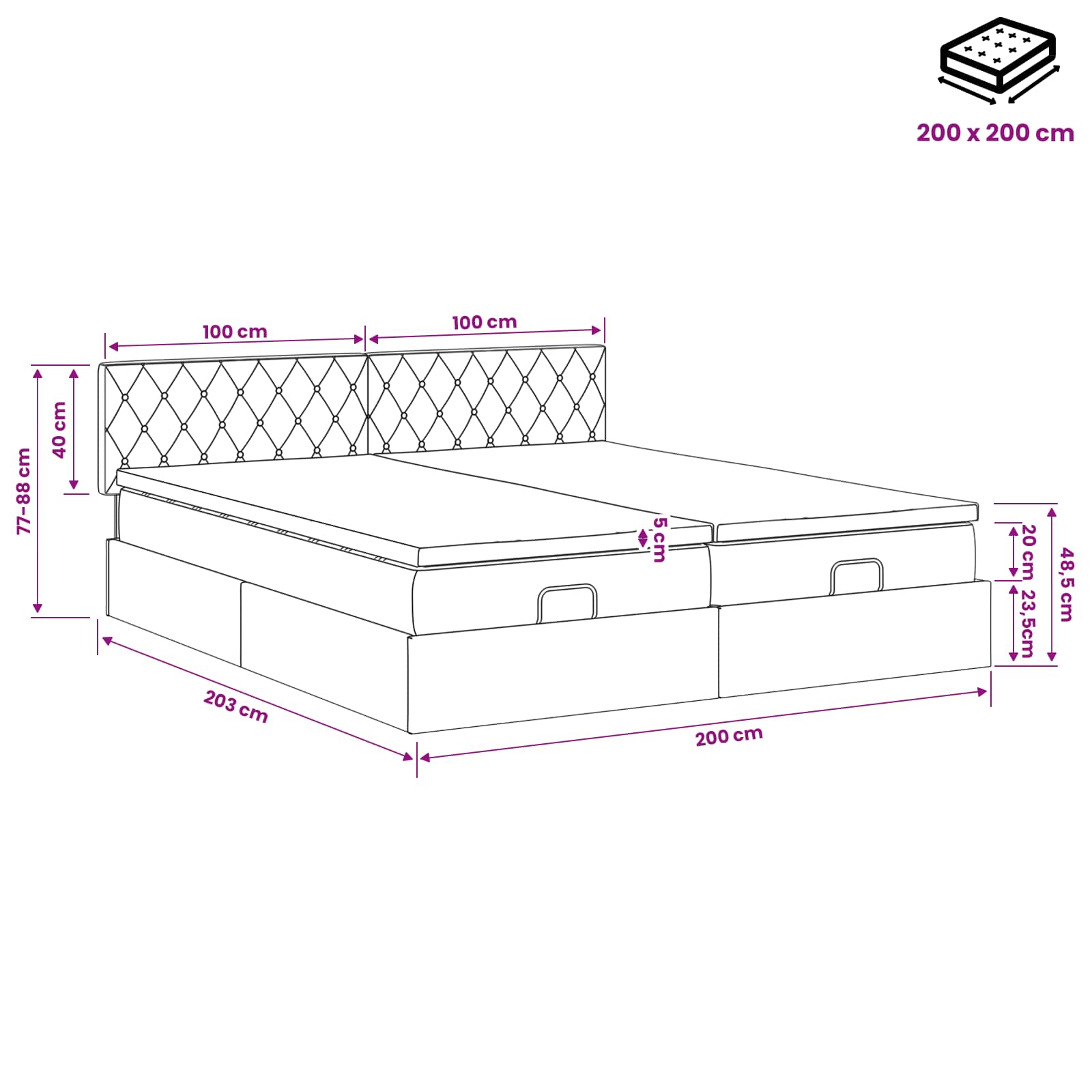 Ottoman Bett mit Matratze mit Kopfteil 2 pcs Hellgrau Samt