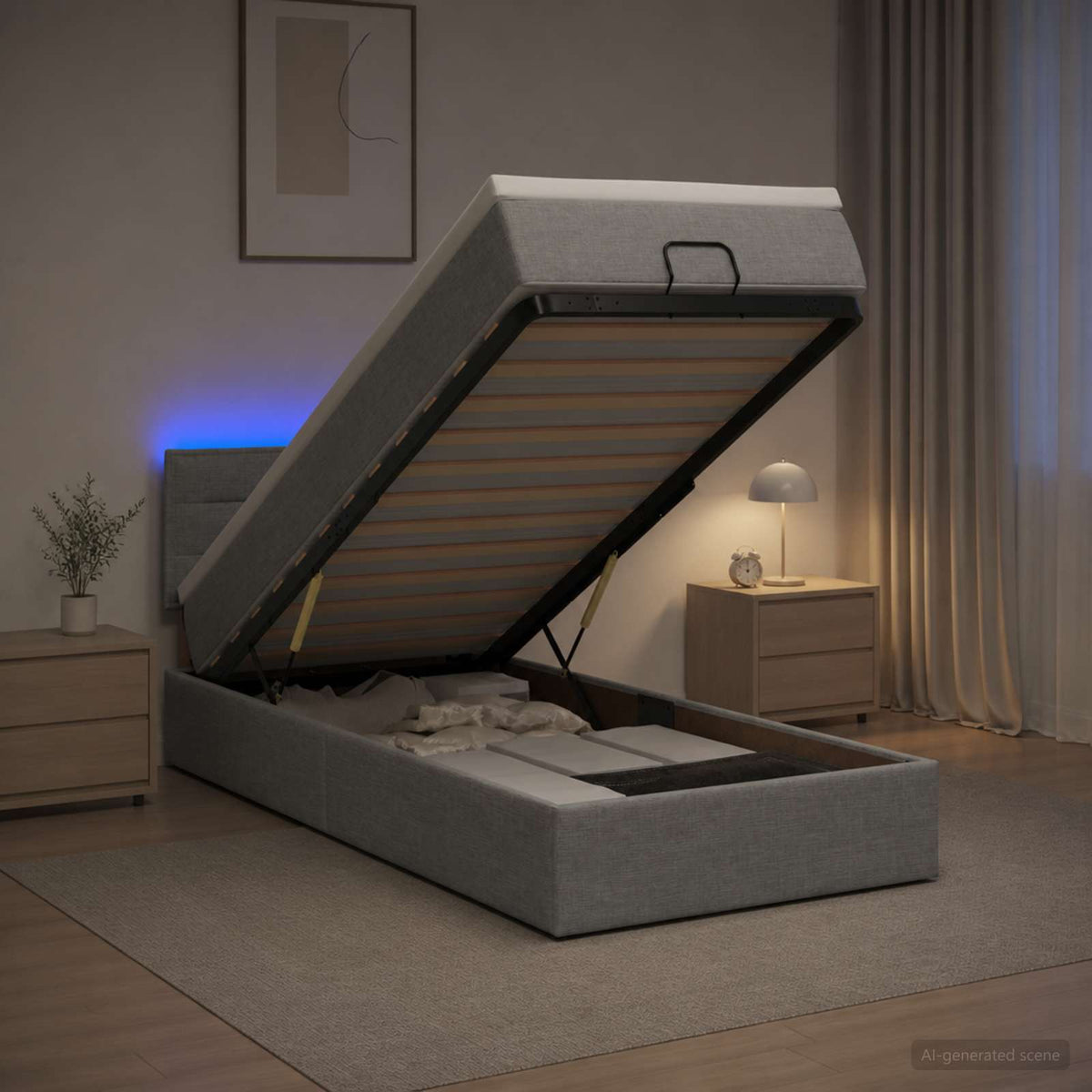 Ottoman-Bett mit Matratze und LED Hellgrau 90 x 200 cm Stoff