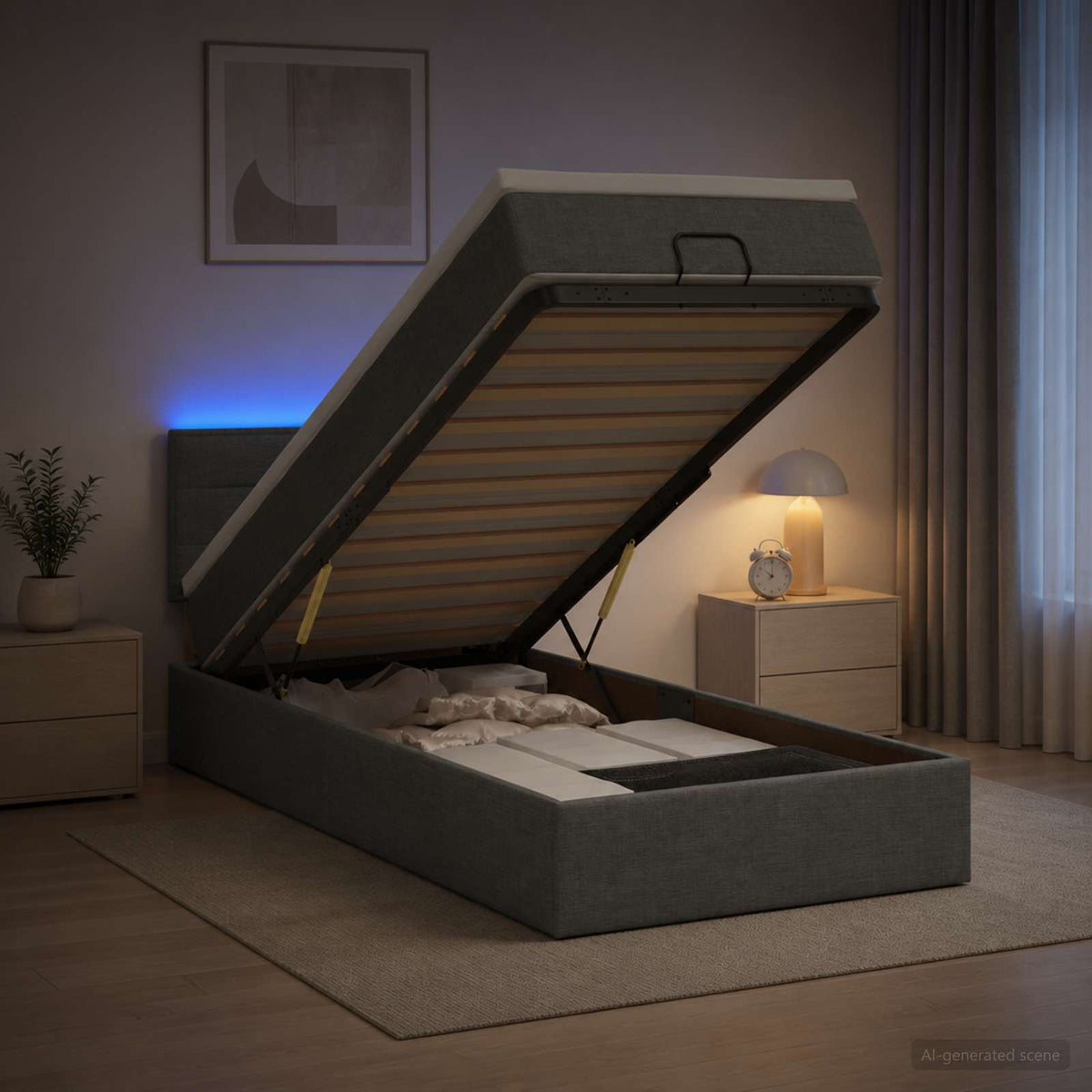 Ottoman-Bett mit Matratze und LED Dunkelgrau 90 x 200 cm Stoff