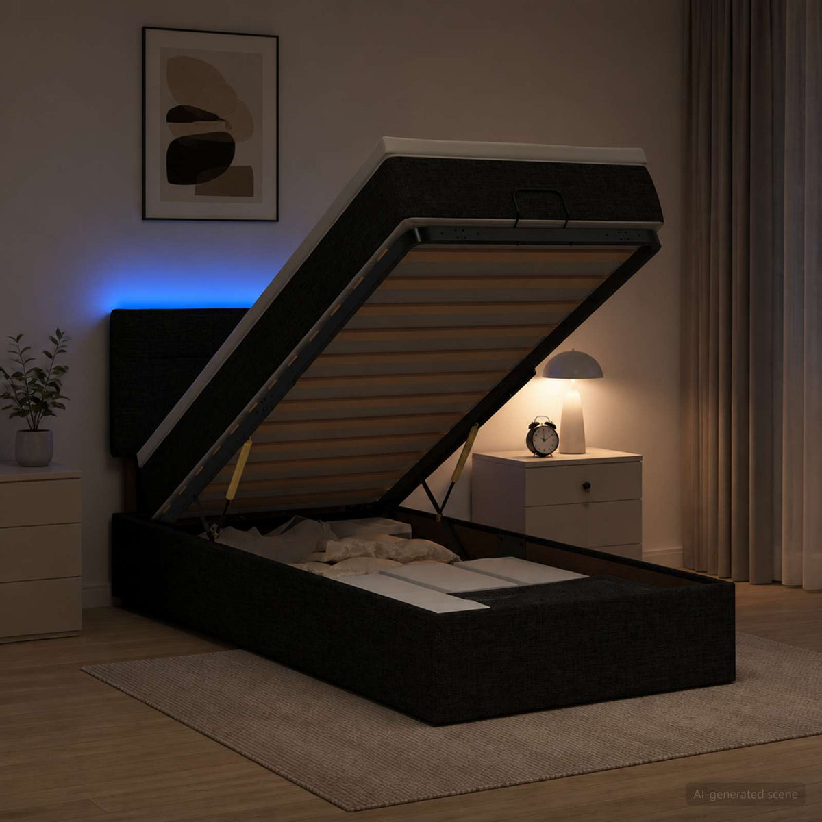 Ottoman-Bett mit Matratze und LED Schwarz 100 x 200 cm Stoff