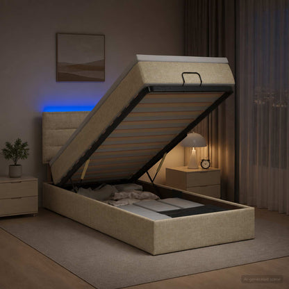 Ottoman-Bett mit Matratze und LED Creme 90 x 200 cm Stoff